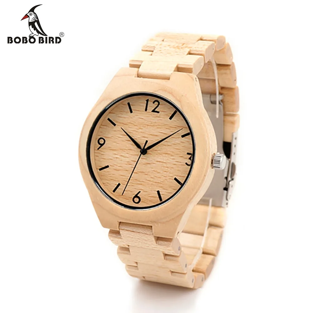 BOBO BIRD Mens White Maple Wooden Watches with bamboo Wood Links Causal Quartz Wrist Watch in Gift Box free shipping
