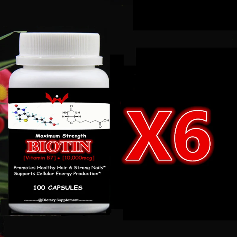 

6 bottle 600pcs,Biotin (High Potency) 10,000mcg Support Hair Growth,Glowing Skin & Strong Nails Better absorption,Vitamin B7(H)