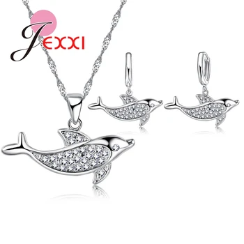 

Romantic Wedding Anniversary 925 Sterling Silver Jewelry Sets Cubic Zirconia Dolphin Pendant Necklace Earrings Bijoux