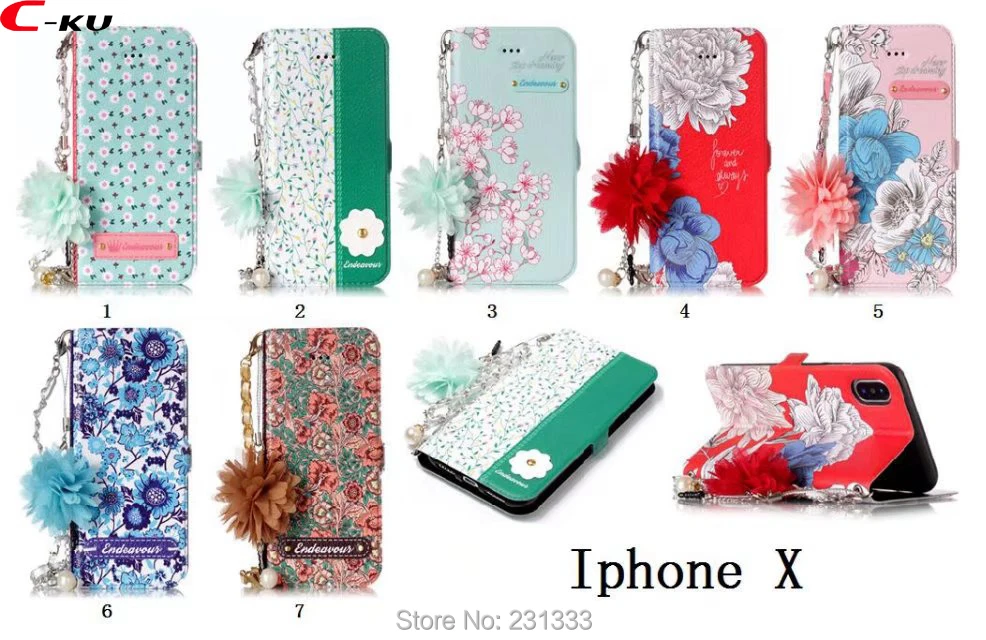 Кожаный чехол-кошелек C-ku с объемным цветком и бусинами для Iphone X 8 7 PLUS 6 6S SE 5 5S
