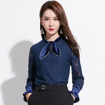 

2019 New Office Ladies Spring Fall Fashion Womens Navy Bow Flare Long Sleeve Lace Patchwork Shirt Blouse , Womens Slim Shirts