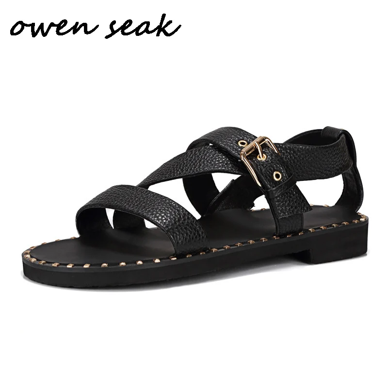 

Owen Seak Men Rome Sandals Genuine Leather Rivet Gladiator Sandals Buckle Strap Slippers Slides Summer Men Sandals Shoes