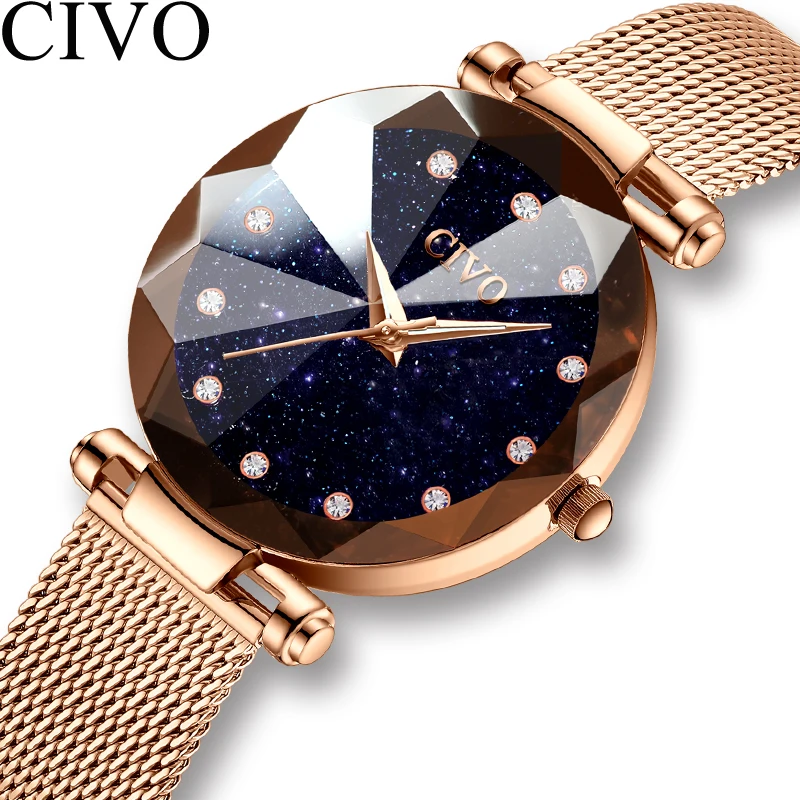 Tanie CIVO Fashion Luxury Ladies zegarek kryształowy wodoodporny stal z różowego złota Mesh zegarki kwarcowe damskie Top markowy zegarek Relogio Feminino