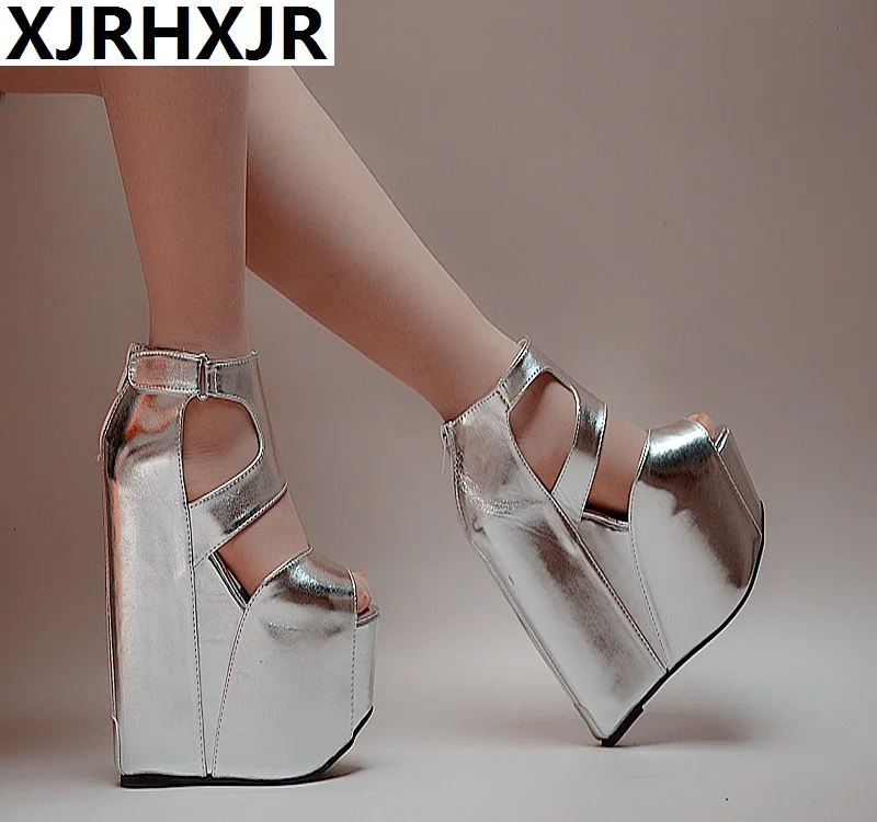 

2019 summer new ultra high heel fish mouth sandals wedge with thick bottom Roman women's sandals 17 cm sexy simple high heels