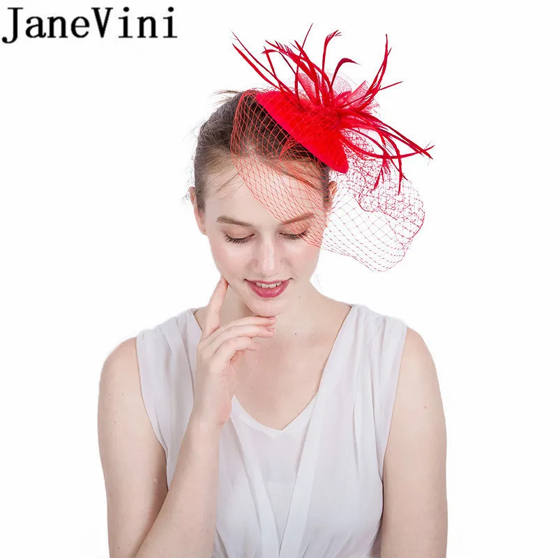 JaneVini Лидер продаж невесты Facinator Red Hat Перья Чистая Фата ободок на голову, заколка Свадебная шляпка вечерние волос Клетка Veil