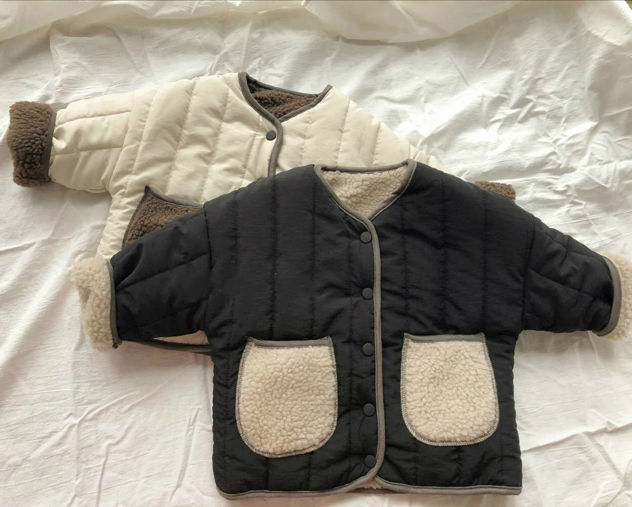 Куртки для девочек пальто с искусственным мехом г. Осенне-зимнее пальто, теплая овечья шерсть для мальчиков Двусторонняя одежда мохнатая верхняя одежда, кардиган, пальто