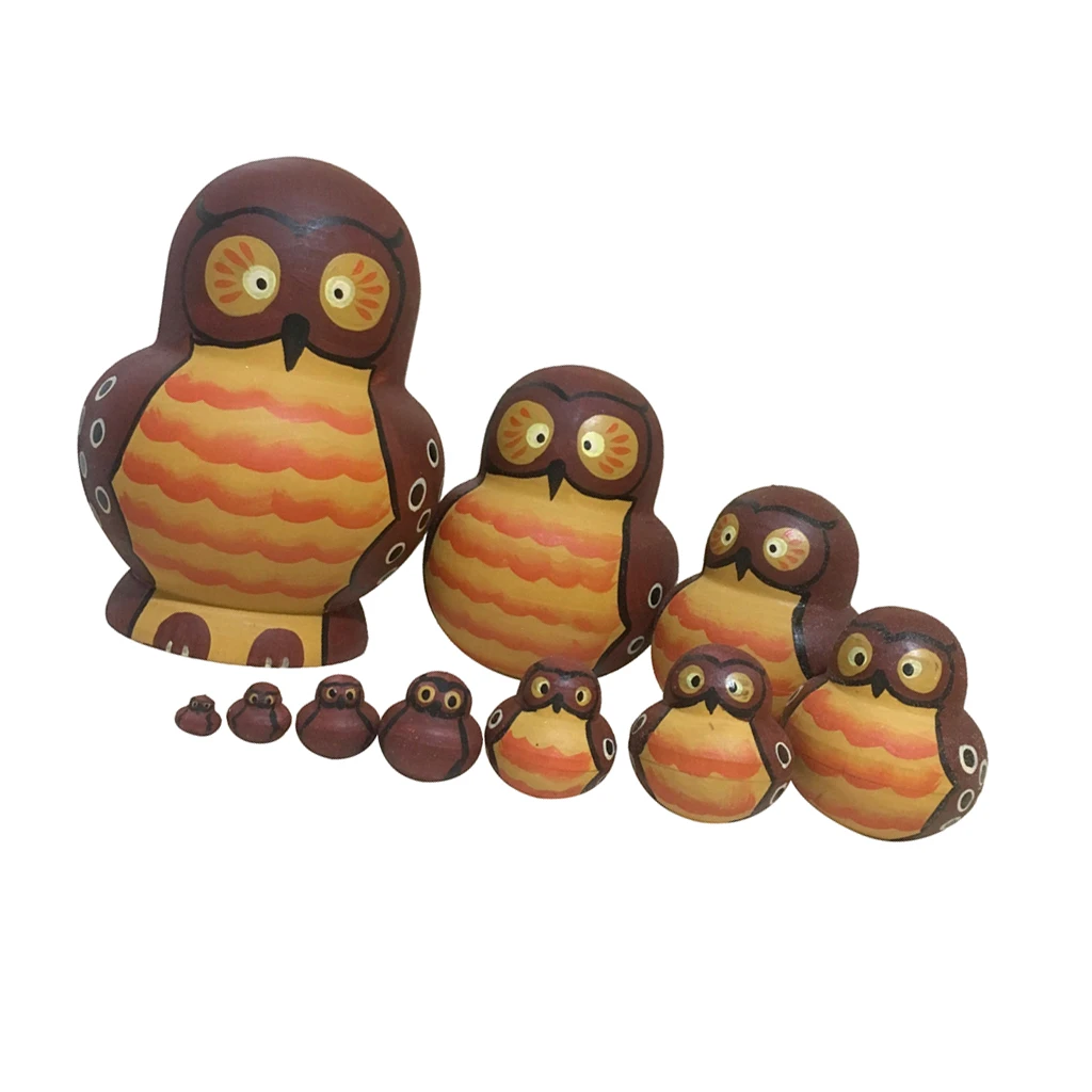 10 PCS Cute Cartoon Owl Pattern Handmade Wooden Russian Nesting Dolls For Kids Toy