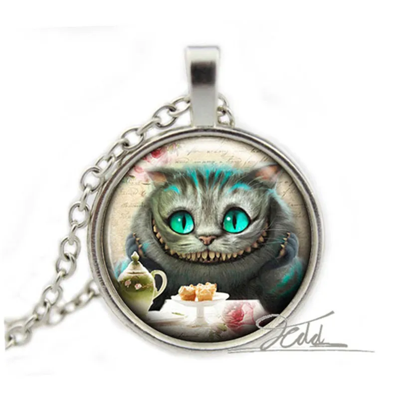 

Alice in Wonderland Necklace Cheshire Cat Jewellery Vintage Bronze Humour Jewelry Gift Handmade Keepsake glass cabochon Pendants