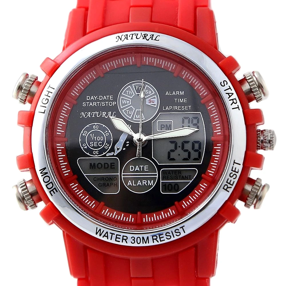 ALEXIS Dual Time Рыбалка плавание Дата подсветка водонепроницаемые Новые аналоговые цифровые часы мужские спортивные красные часы AW355D