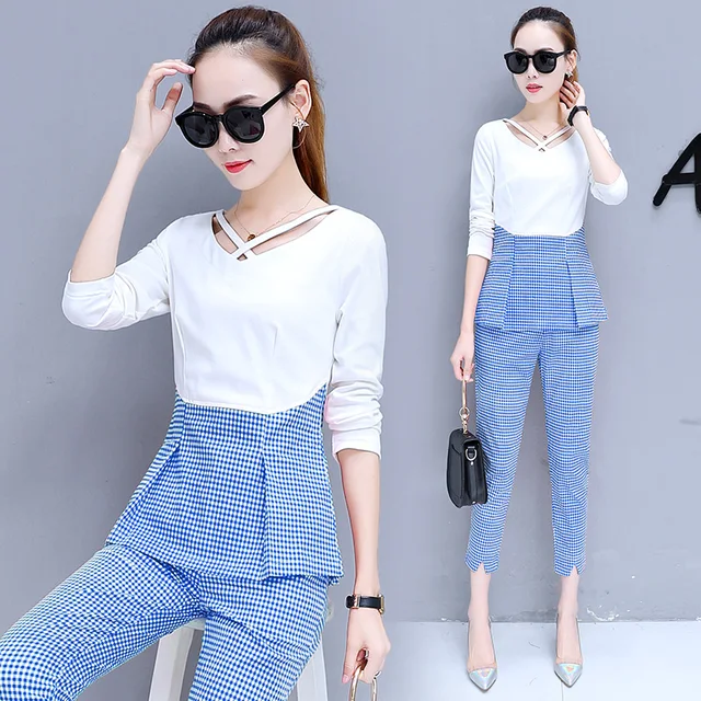 New Korean Fashion Plaid Suit T Shirt Pants Splicing Two Piece Clothing ...