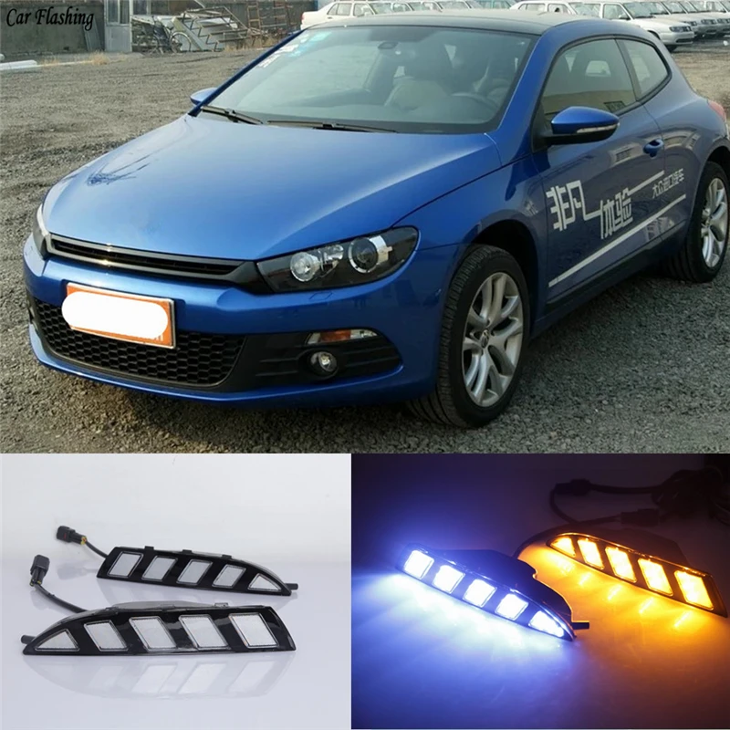 Автомобиль мигает 2 шт. для Volkswagen Scirocco 2011- светодиодный DRL дневные ходовые огни дневного света для вождения желтая Поворотная сигнальная лампа