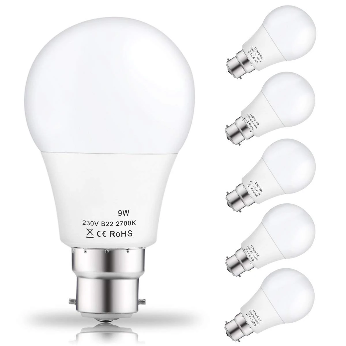 

9Watt A60 B22 LED Bulbs, 60Watt Incandescent Bulbs Equivalent Day White 6000K 810lm Non Dimmable Bayonet LED Light Bulbs-5PACK