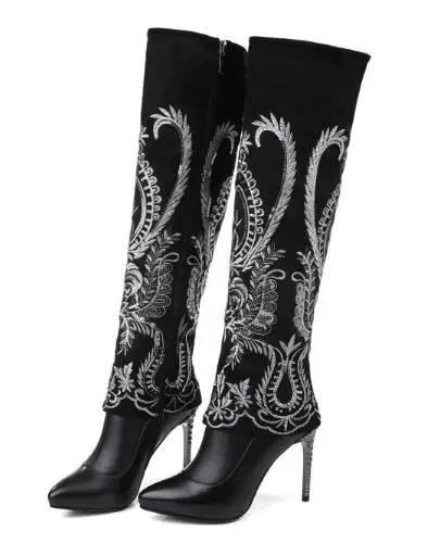 

Folk-custom knee-high boots Women black pointed toe high heel long boots Winter ladies'super high thin heel long boots