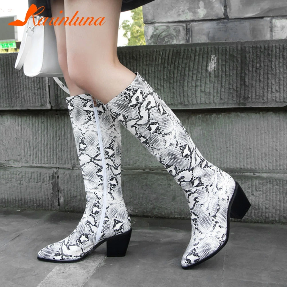 

KARINLUNA New Fashion Big Size 34-44 Snake Veins Ladies High Heels Pointed Toe Shoes Woman Casual Party Autumn Mid Calf Boots