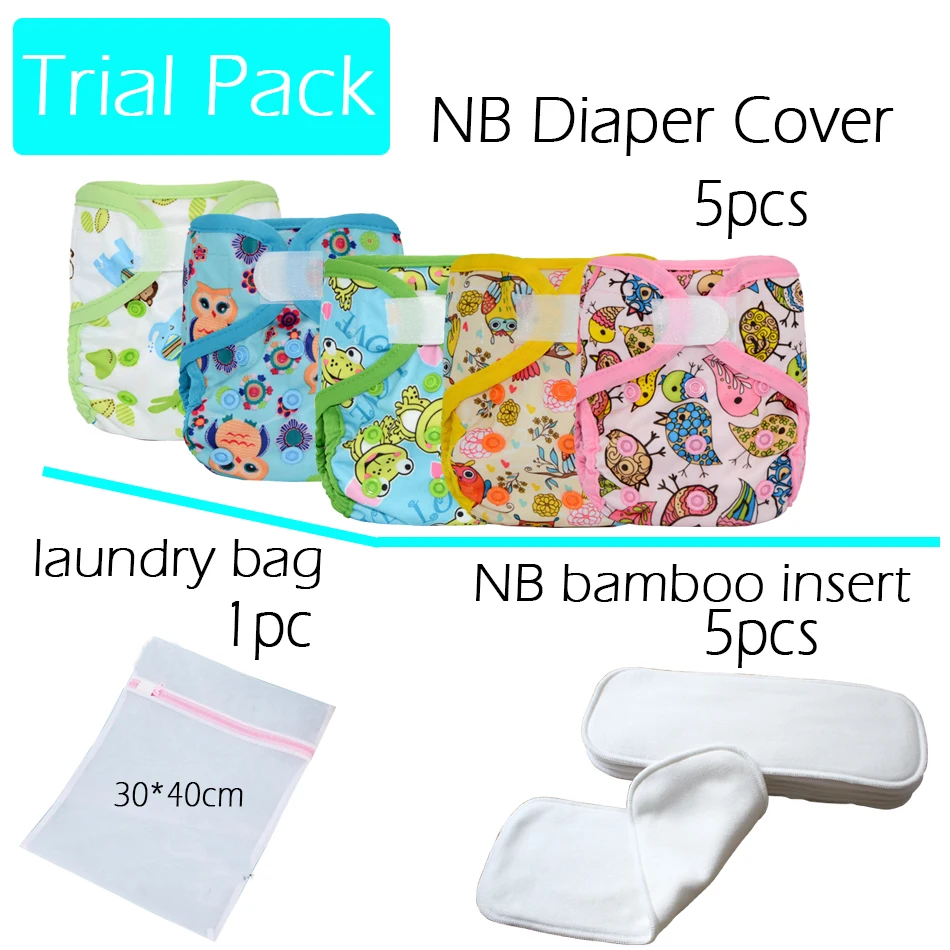 

HappyFlute newborn diaper cover 5PCS,NB bamboo insert 5pcs plus 1 laundry mesh bag,NB cover fits 0-3months baby or 6-19 lbs