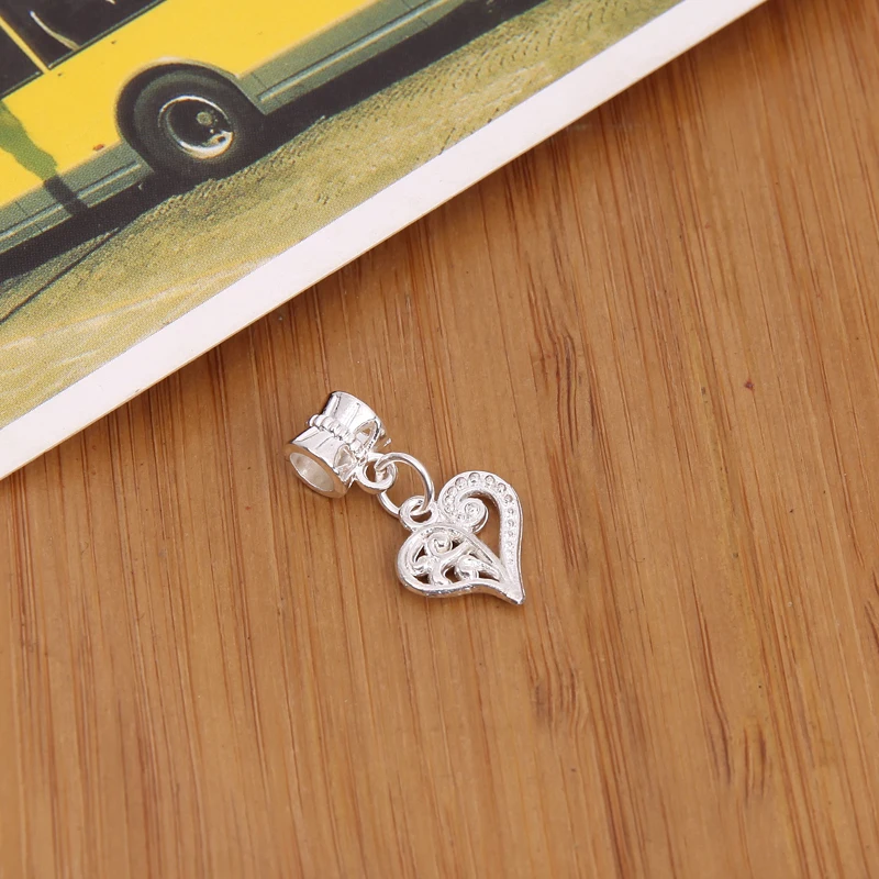 

15 pcs silver plated big hole bead fit Pandora charm heart pendants for European bracelet DIY jewelry 28181