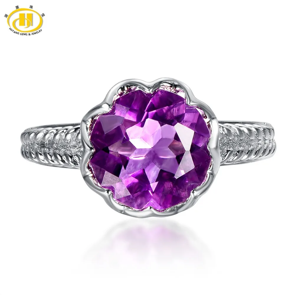 

HUTANG NEW Natural Purple Fluorite Solid 925 Sterling Silver Ring Round 10mm Gemstone Fine Jewelry Women's Wedding Rings Gift