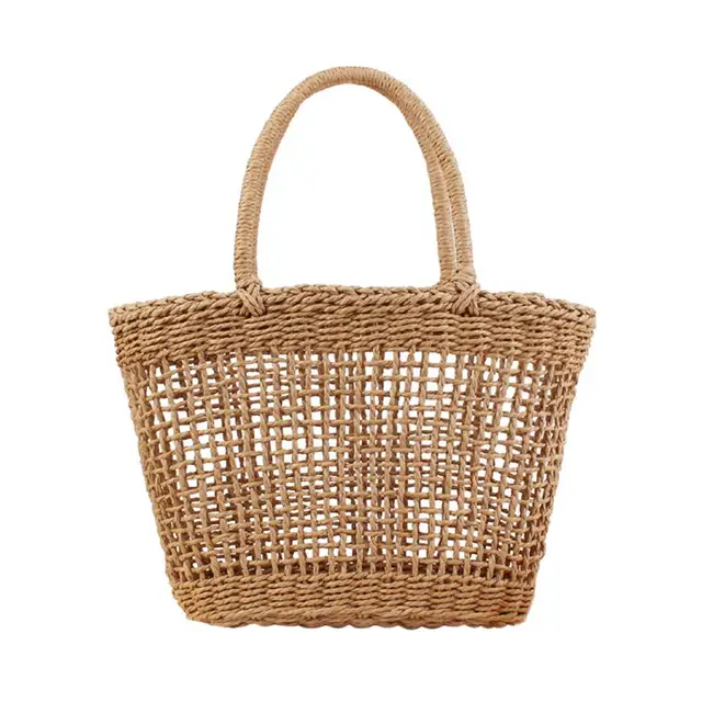 Hollow Mesh Pattern Handmade Straw Bag Casual Woven Handbags Shoulder Beach Unlined Cloth Totes Fashionable Bags For Summer In Top Handle