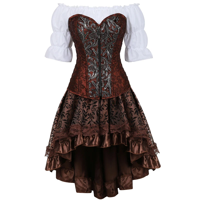 

steampunk leather bustier corset dress burlesque corset skirt 3 piece set pirate lingerie plus size cosplay masquerade brown