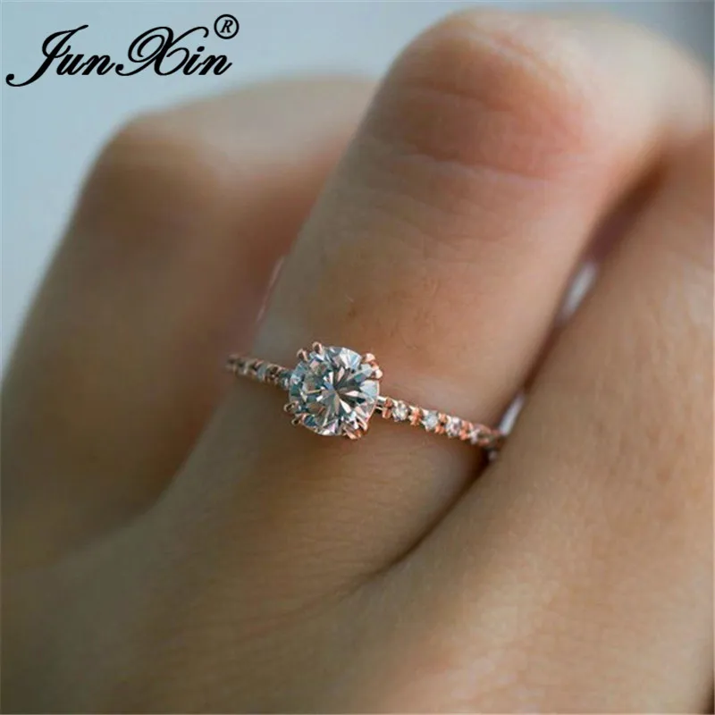 JUNXIN Round Cut Small White Crystal Rings For Women Rose Gold Filled