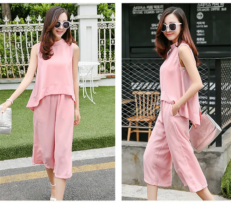 Summer Chiffon Tracksuit For Women 2016 Matching Mother And Daughter Clothes Sleeveless Lace Tops Pants Set Family Look Clothing (8)