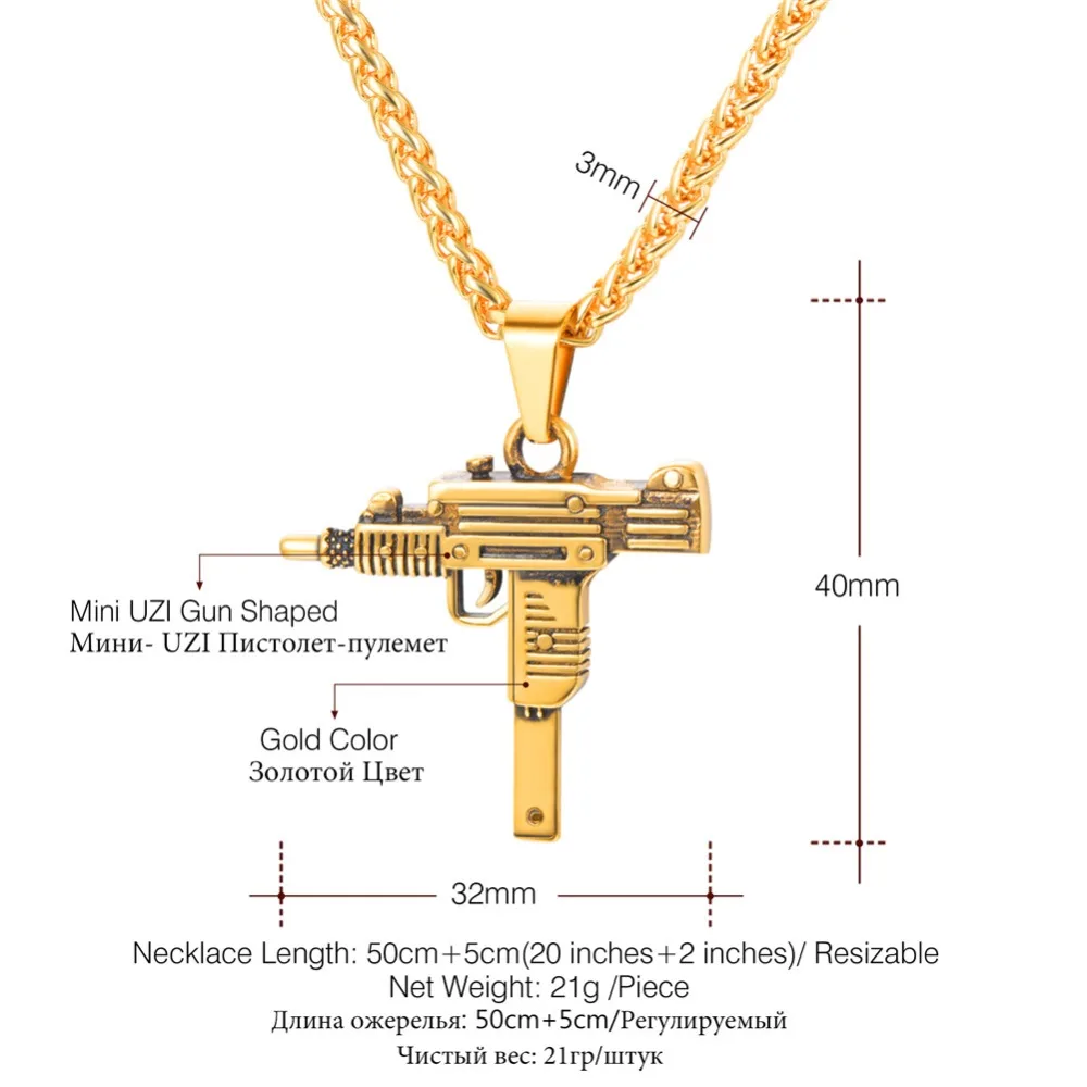 U7 Punk Rock Necklace Uzi Rifle Shape 