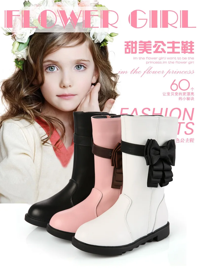 Girls White Genuine Leather Boots Winter Kids Shoes for Children Fur Snow Boots Bow Plush Warm Fashion Boots(Little/Big Girls