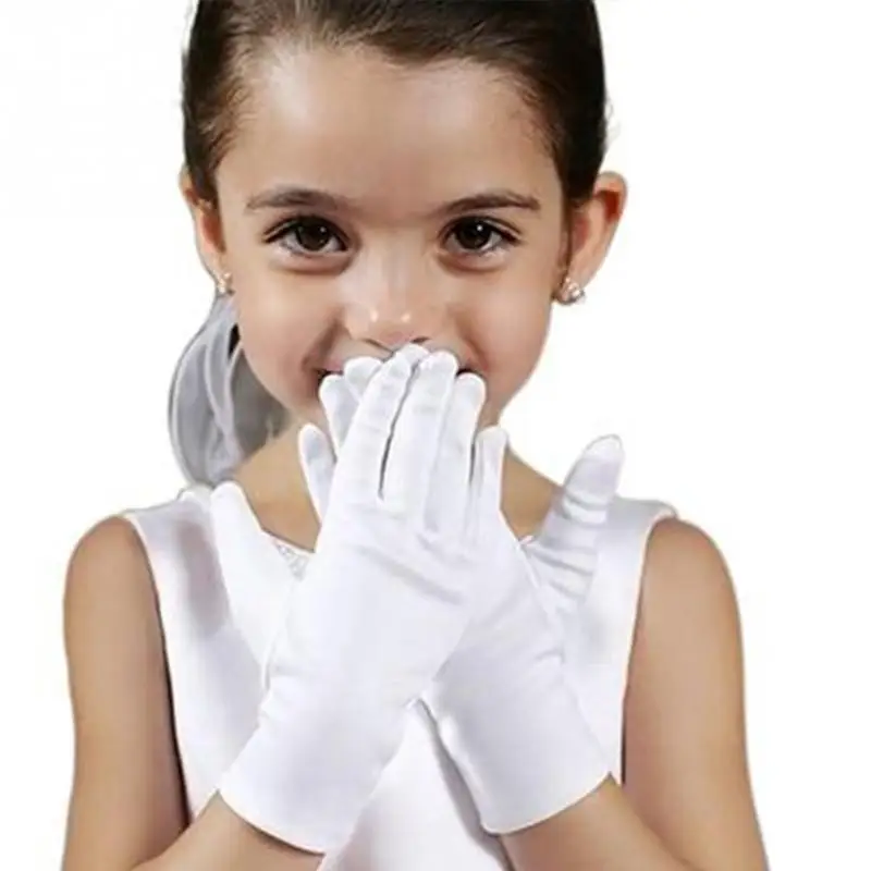 

2018 Kid Gloves White Short Satin Feel Boy Hold Flower Girl Performance Dance Elastic Gloves
