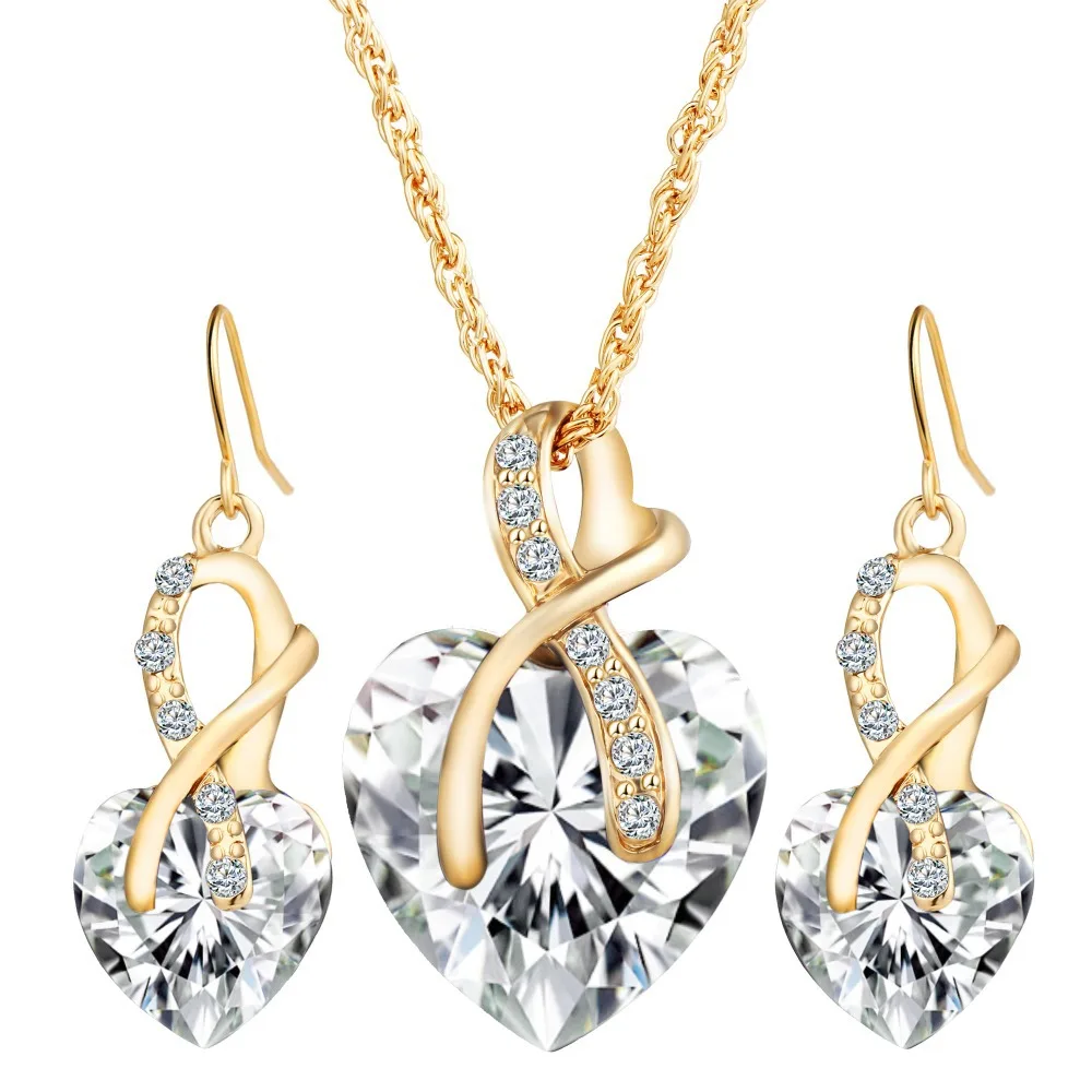 

Luxury Trendy Heart Jewelry sets earring and pendant Design CZ Wedding engagement gift For Brides gold-color Jewelry