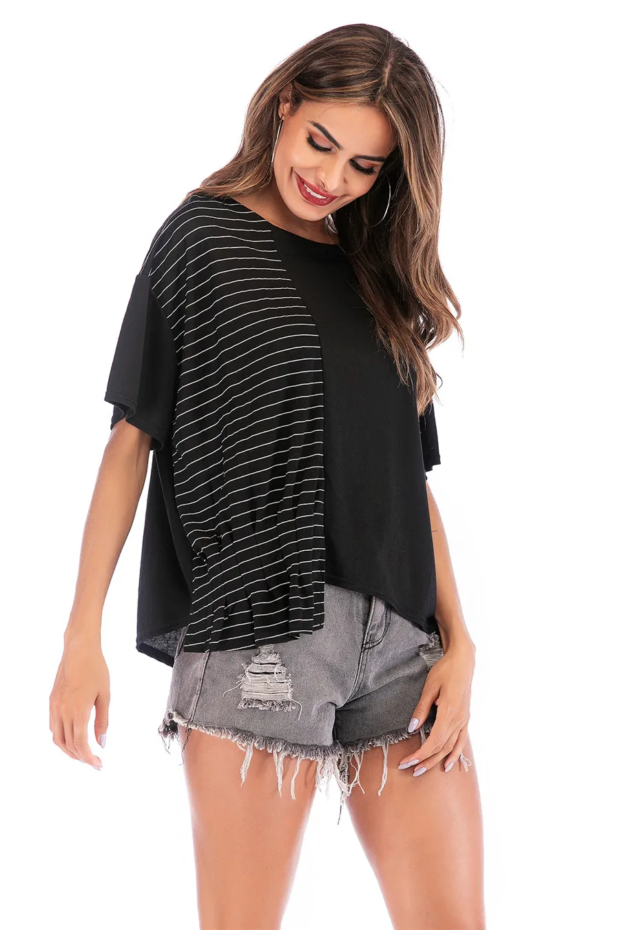 Gladiolus Hot Summer T Shirt Women Batwing Sleeve O Neck Striped Patchwork Irregular Loose T-Shirt Women 2019 Casual Ladies Tops (12)