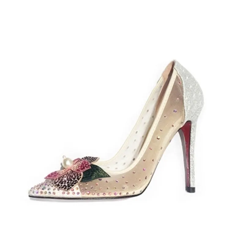 

Europe and America 2018 spring and autumn new point Diamond high-heeled fine with the single shoes sexy woman lace gauze weddin