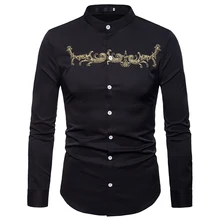 Мужская рубашка с вышивкой и стоячим воротником, осень, Новая повседневная мужская рубашка на пуговицах, роскошная брендовая рубашка с золотыми цветами, мужская рубашка XXL