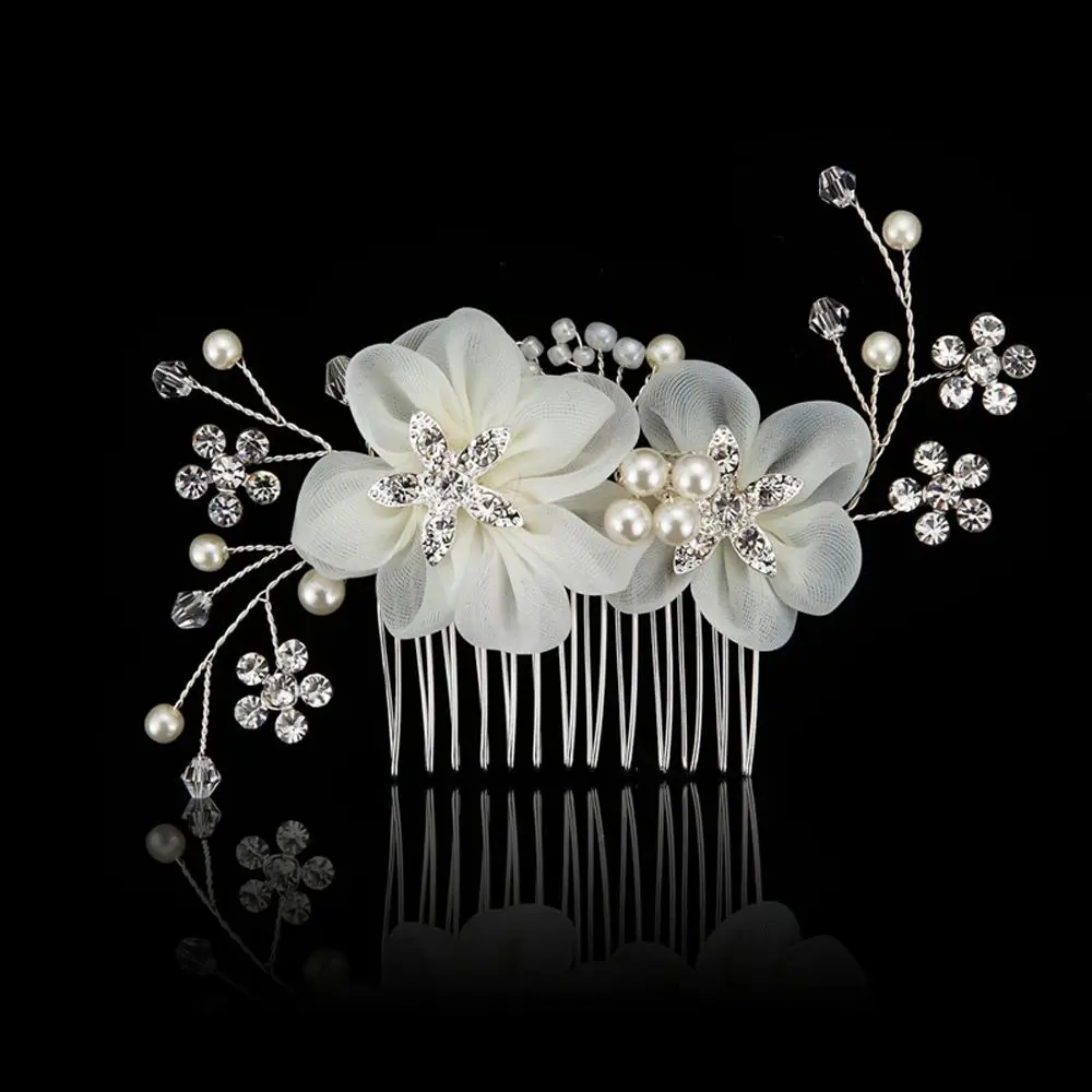 Luxury Bridal Hair Accessories Wedding Hair Comb Silver-Tone Rhinestone Artificial Flower Hair Comb Wedding Headpiece