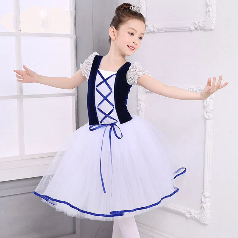 

New Dress Giselle Romantic Tutu Ballet Girls Child Velet Long Tulle Lace Ballerina Short Sleeve Leotard Dress