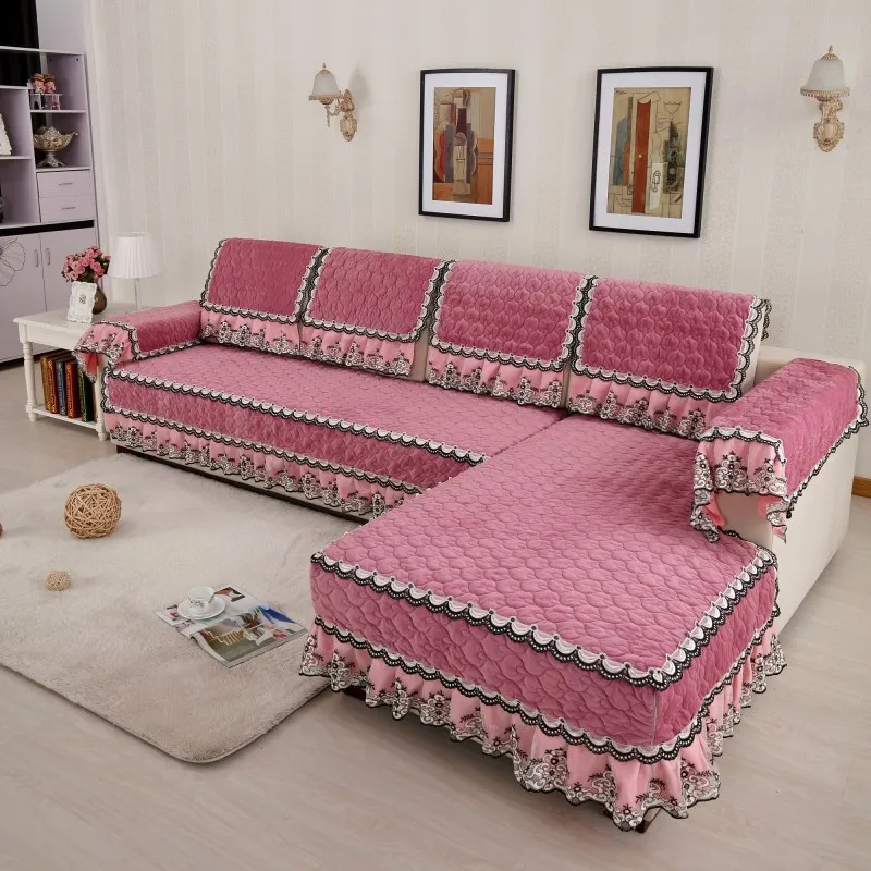 Европейский кружевной плюшевый диван высокого класса, утолщенный Мягкий Нескользящий диван, покрывало для дивана, полотенце, подушка, украшение для дома - Цвет: Pink