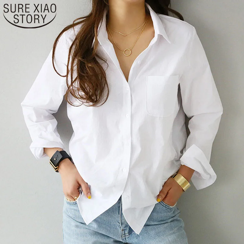 

Casual White Turn-down Collar OL Style Women Loose Blouses 2019 One Pocket Women Shirt Feminine Blouse Top Long Sleeve 3496 50