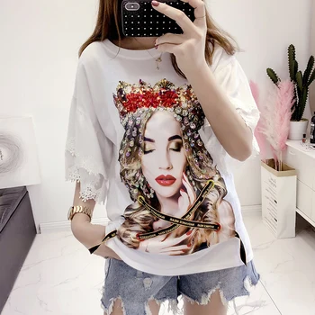 

2019 Spring New Women's Half-sleeved Loose Beauty Print Top Tshirt Heavy Industry Sequins Nail Drill Casual All-match T-shirt