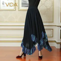 VOA глубокий Темно-синие плюс Размеры Повседневное волна Асимметричный тяжелый шелк Юбка Для женщин макси длинные плиссированные юбки
