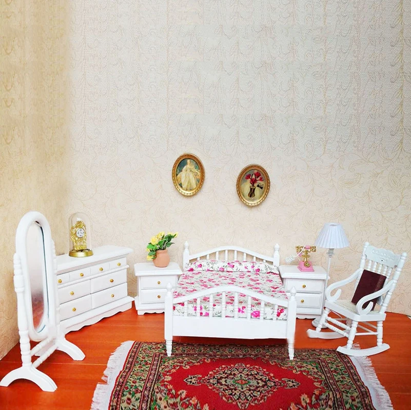  Dollhouse Bedroom Furniture Set 6 PCS Bed Rocking Chair Dressing Mirror Cabinet