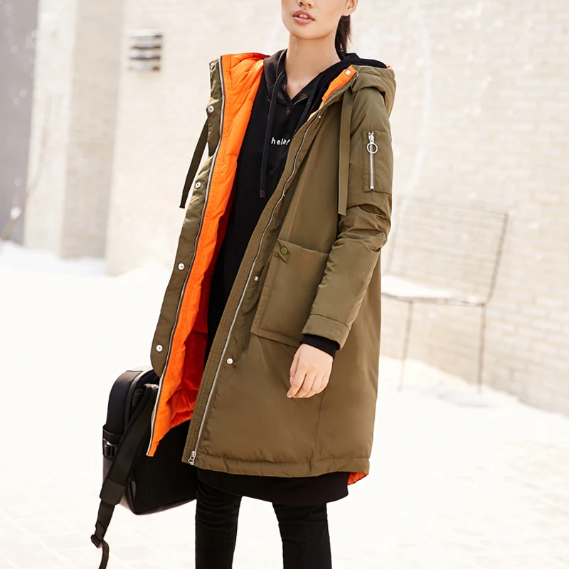 army green down coat Amii минималистичный зимний пуховик с капюшоном для женщин Повседневный плотный пэтчворк размера плюс свободный водонепроницаемый женский пуховик - Цвет: army green down coat