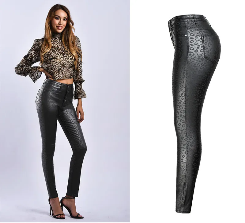 LOGAMI/женские леопардовые брюки из искусственной кожи с высокой талией и пуговицами; Узкие женские брюки из искусственной кожи