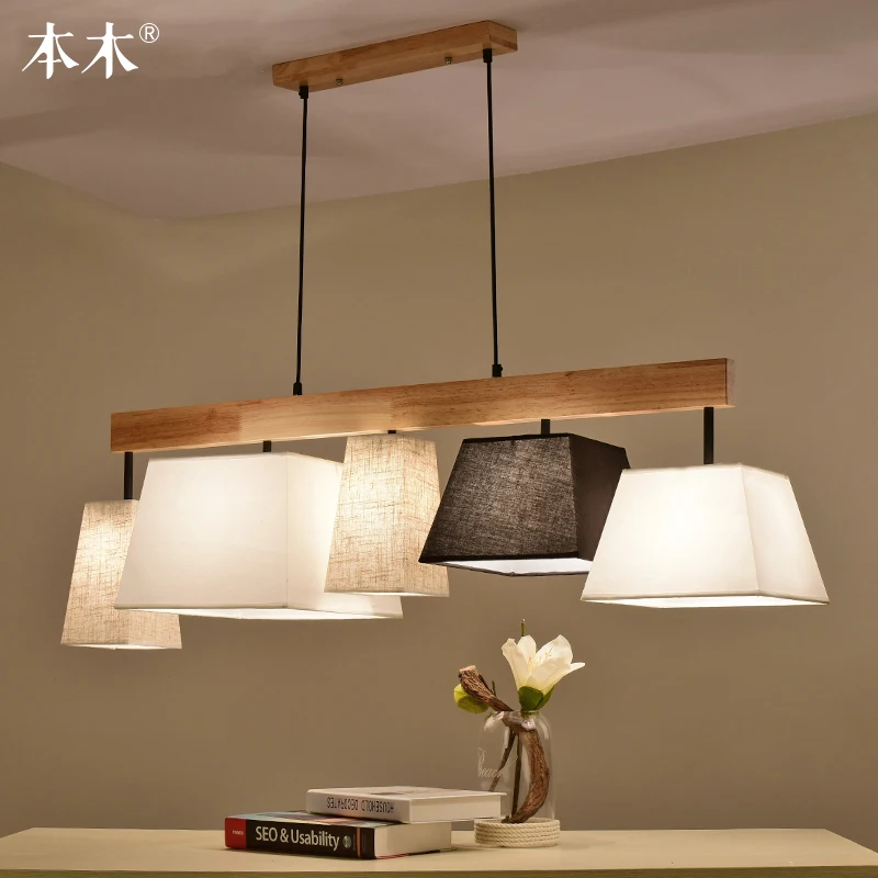 Nordique Bois Massif Suspension Tissu Tissu Abat Jour Barre Salle