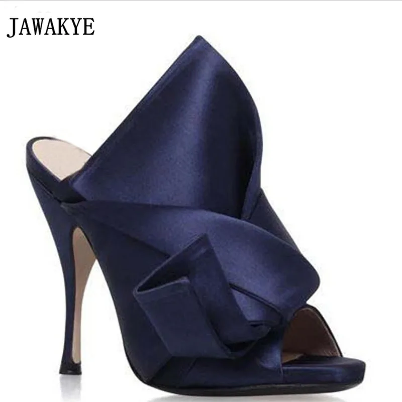 JAWAKYE большая бабочка-узел на высоком каблуке сандалии Для женщин открытый носок кроссовер Женская обувь красного цвета уютный Шелковый шлепанцы на высоком каблуке - Цвет: navy blue