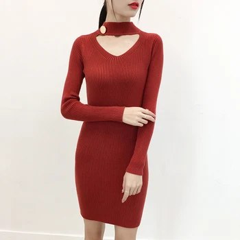 

Casual Knited Dress Women Spring Autumn Long Sleeve Package Hip Mini Dresses Robe Mujer Sexy Hollow Out Party Bodycon Dresses