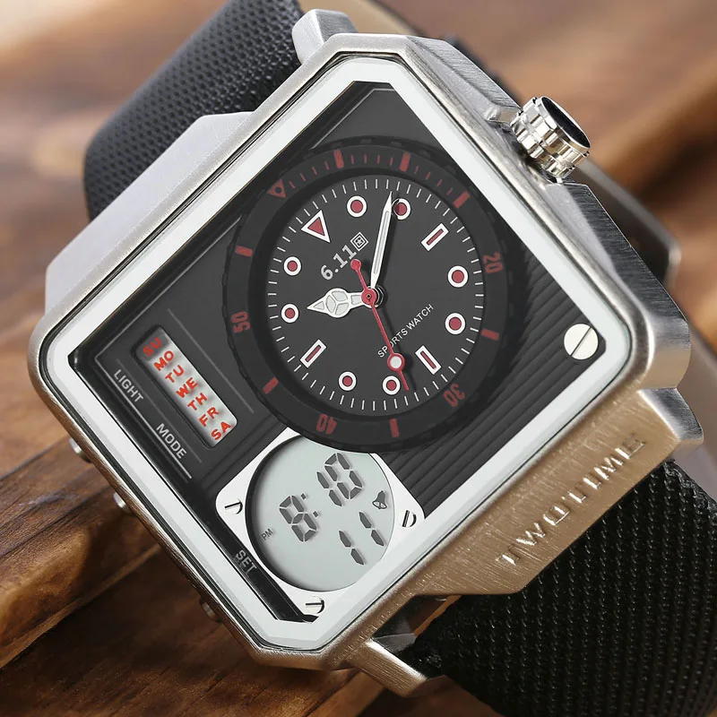

6.11 Mens New Square Double Time Leather Band 30M Waterproof Watch Backlight LED Digital Watch Men Sport Watch relogio masculino