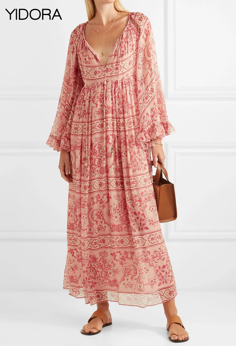 High end Silk Bohemian Placed Print Floral Motif Castile Printed Long