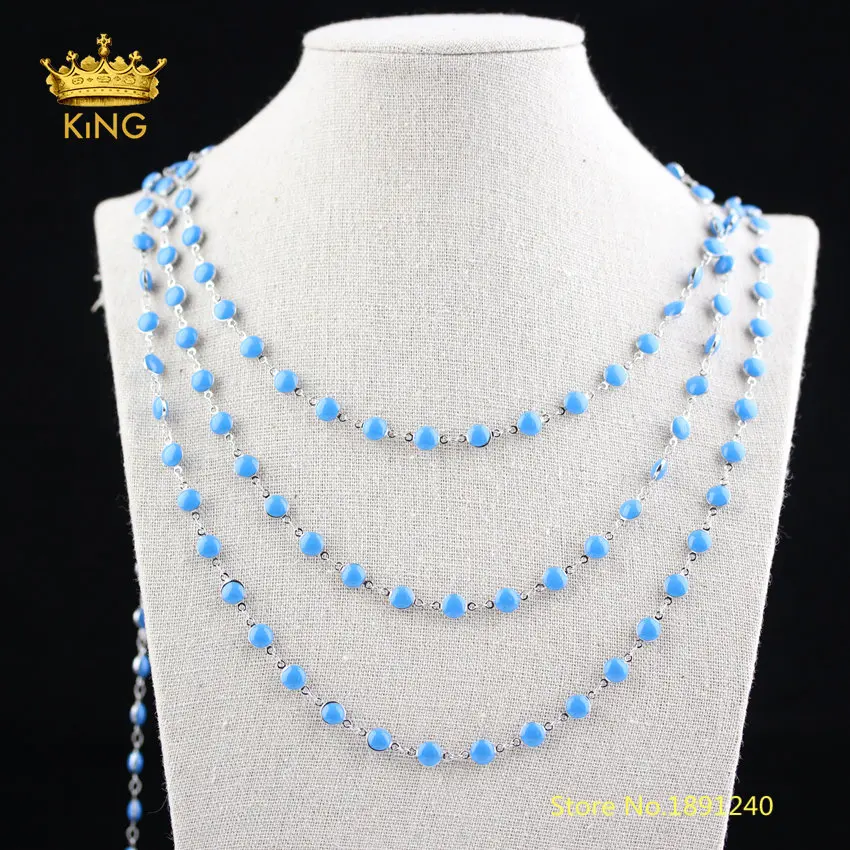 

5meters Blue Enamel Beads Wire Wrapped Plated Silver Copper Links Flat Round Coin Enamel Chains Rosary Style Findings Bulk DTS03