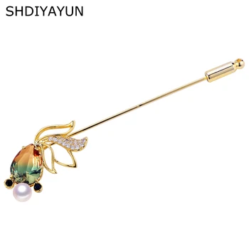 

SHDIYAYUN 2019 New Big Sale Pearl Brooch For Women Goldfish Gradual Crystal Brooches Pins Natural Freshwater Pearl Fine Jewelry