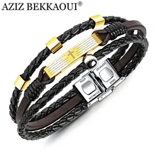 Азиз BEKKAOUI черный кожаный браслет для мужчин крест Библейский браслет из нержавеющей стали мужские ювелирные изделия цепочка Колосок браслет аксессуары