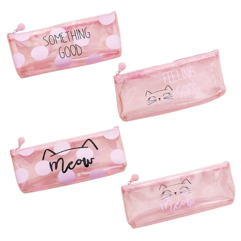 

Cartoon Cat Pink Transparent PVC Pen Bag Pencil Storage Case Students Kids Girl School Supply Gift